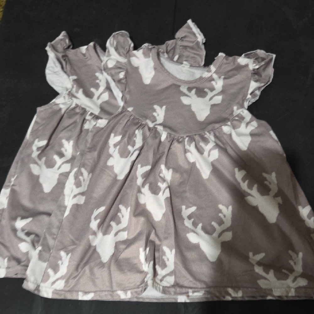 Gray and White Deer Print Dress Twin Girl Set
